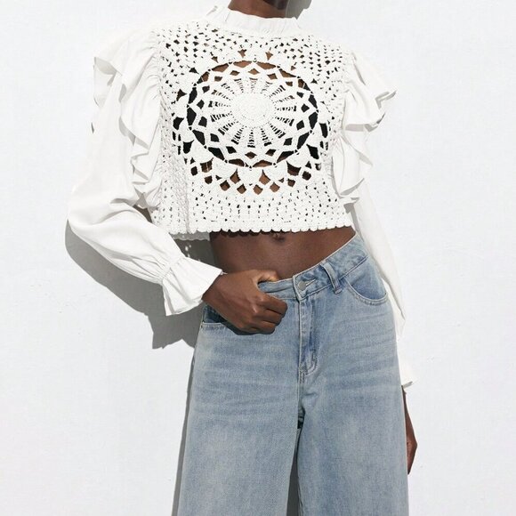 White Casual Women's Apricot Hollow Hook Flower Splicing Ruffles Tops - Picture 4 of 7